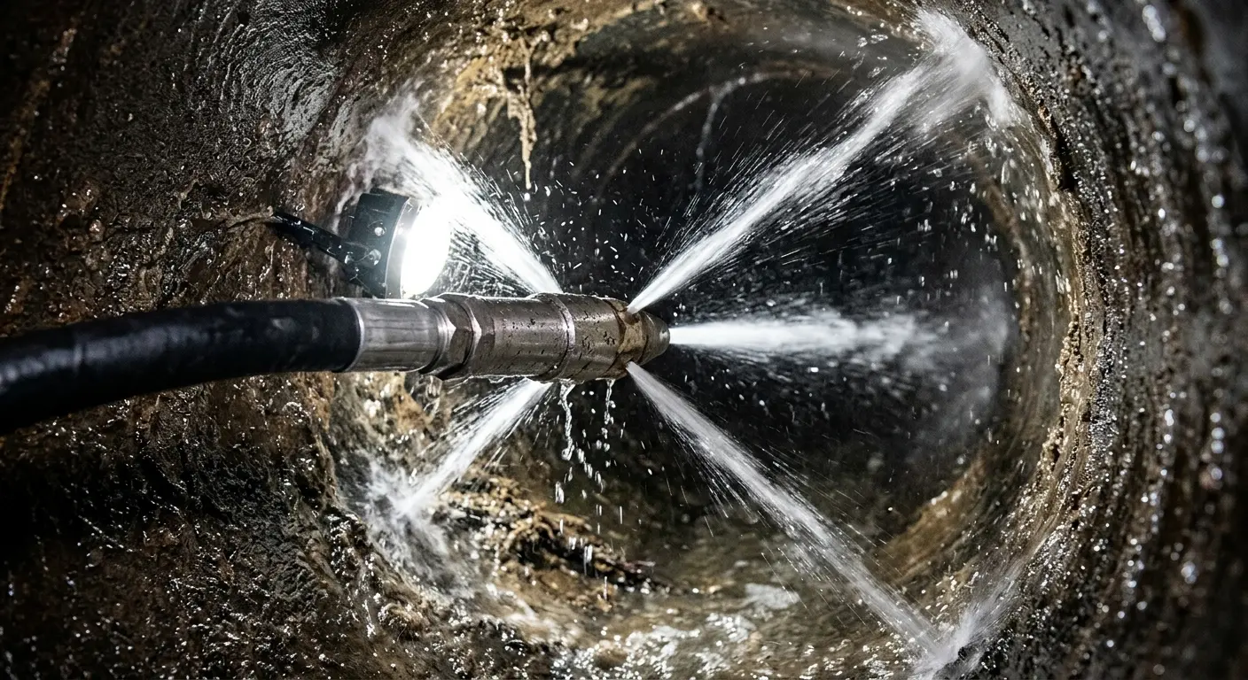 High-pressure hydro jetting nozzle cleaning sewer pipe for Sewer Cleanout in Great Bend