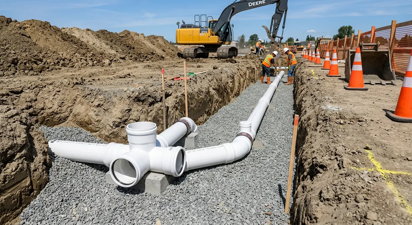 New PVC sewer pipe installation in open trench for Commercial Drain Cleaning in Great Bend