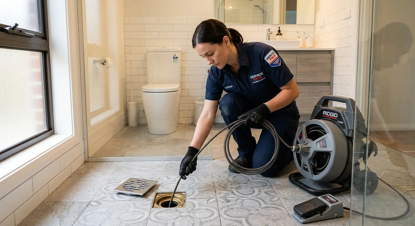 Technician clearing a bathroom floor drain for Clogged Drain Repair in Great Bend